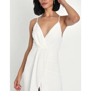 Lulus Stylish Invite White Swiss Dot Surplice Midi Tulip Dress SMALL. Bride. $88